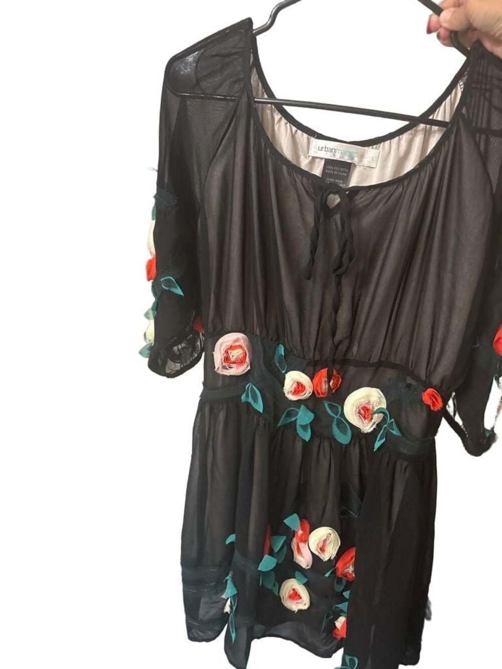 Urban Mango Black Floral Applique Sheer Dress Size L